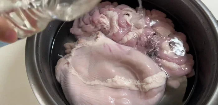 Clean the tripe thoroughly. Wash it with vinegar and salt to remove any odor. Rinse with cold water several times.