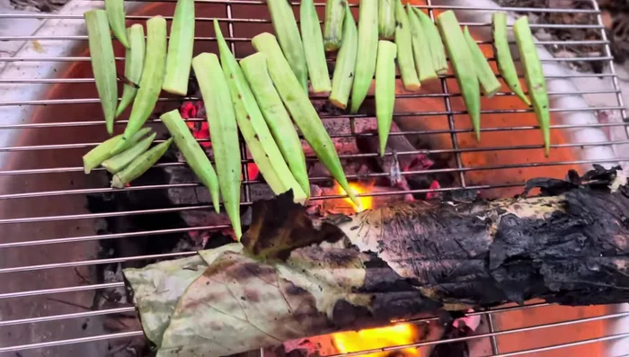 Marinate okra with a little cooking oil and salt, then grill alongside the fish to prevent it from drying out. (214.319)