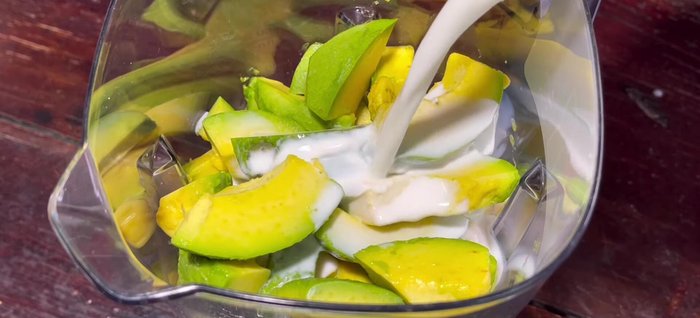 Blend the avocados with 800ml of unsweetened fresh milk. If using a less powerful blender, blend in batches.