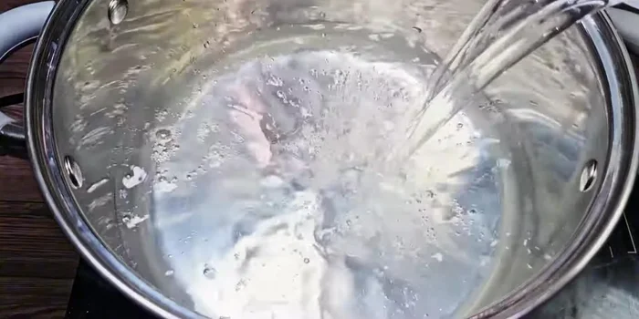 Combine 1 liter coconut water, 1 liter filtered water, and the prepared ingredients (excluding apples and wolfberries) in a pot.