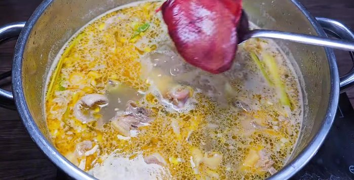 Add remaining ingredients: Add the remaining spices, straw mushrooms, and chicken livers (add livers after the water boils to prevent crushing). Simmer over medium heat until straw mushrooms are cooked and chicken is tender.
