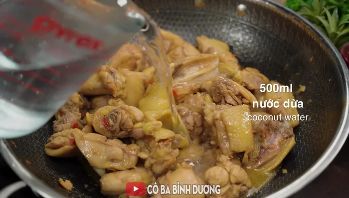 Add coconut water and water, ensuring the liquid covers the chicken. Skim off any foam.