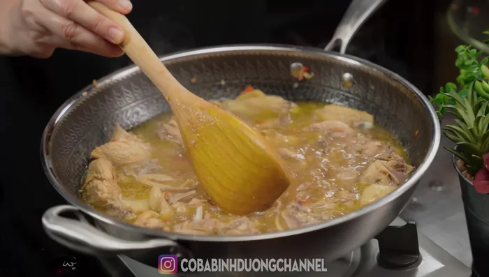 Reduce heat to medium and simmer until the chicken is tender (about 30 minutes). Add fish sauce and optional boiled eggs.