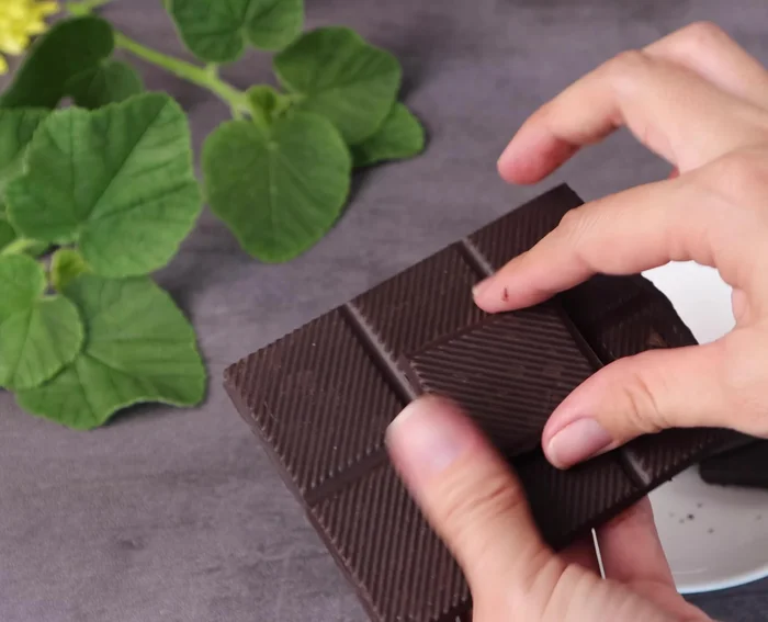 Add 100 grams of chocolate. Chop it into smaller pieces for faster melting.