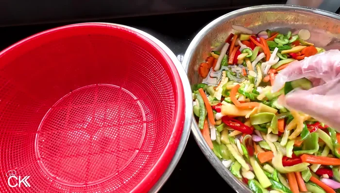 After refrigerating, the vegetables will be soft and wilted. Squeeze out excess water.