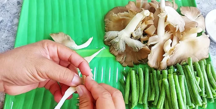 Wash and squeeze dry the abalone mushrooms. Tear them into bite-sized pieces and roll them up using bamboo skewers to shape them like snails. (63.039)