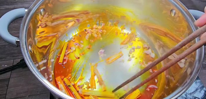 Prepare the broth: In a large pot, heat annatto oil. Add lemongrass, fried shallots and garlic. Add the marinated duck meat and stir until firm. Add fresh coconut water and filtered water (3 liters total).