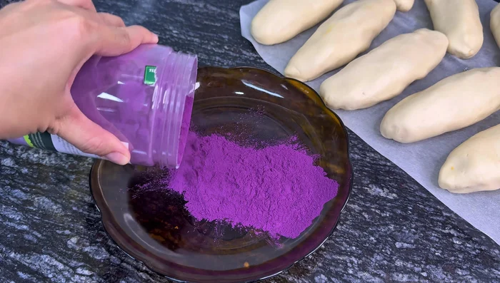 Roll the assembled cakes in purple sweet potato powder.