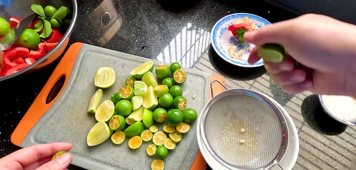 Squeeze approximately 250ml of lemon and lime juice.