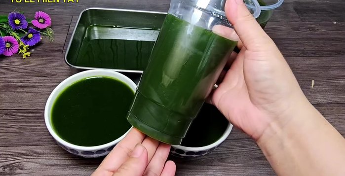 Once chilled, the taro leaves will have solidified. You can easily scoop them out of the container using a spoon.
