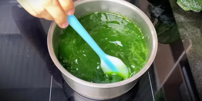 Add pandan juice to the sugar syrup; heat gently until warm. (238.519)