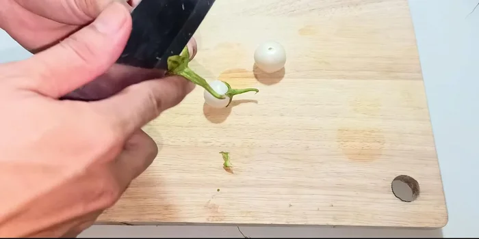 Cut the eggplant into three pieces. Soak in the salt water for 15 minutes, then rinse thoroughly.